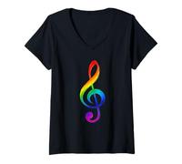 Mujer Regalo de Orgullo de Clave G de Arco Iris para los Amantes de la música del Piano Camiseta Cuello V