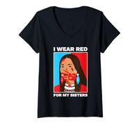 Mujer Regalo de Orgullo Nativo Americano con Texto en inglés I Wear Red For My Sisters Camiseta Cuello V