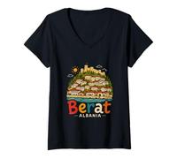 Mujer Regalo de Recuerdo de Viaje de Berat Albania Dibujado a Mano Camiseta Cuello V