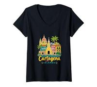 Mujer Regalo de Recuerdo de Viaje de Cartagena Colombia Dibujado a Mano Camiseta Cuello V