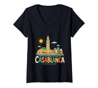 Mujer Regalo de Recuerdo de Viaje de Casablanca Marruecos Dibujado a Mano Camiseta Cuello V