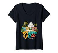 Mujer Regalo de Recuerdo de Viaje de Goa India Dibujado a Mano Camiseta Cuello V