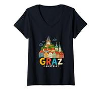 Mujer Regalo de Recuerdo de Viaje de Graz Austria Dibujado a Mano Camiseta Cuello V