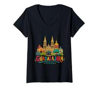 Mujer Regalo de Recuerdo de Viaje de Guadalajara México Dibujado a Mano Camiseta Cuello V