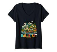 Mujer Regalo de Recuerdo de Viaje de Hallstatt Austria Dibujado a Mano Camiseta Cuello V