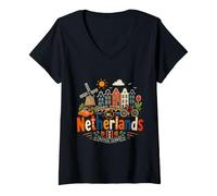 Mujer Regalo de Recuerdo de Viaje de Holanda Dibujado a Mano Camiseta Cuello V