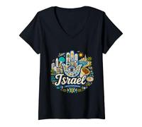Mujer Regalo de Recuerdo de Viaje de Israel Dibujado a Mano Camiseta Cuello V