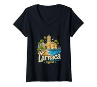 Mujer Regalo de Recuerdo de Viaje de Larnaca Chipre Dibujado a Mano Camiseta Cuello V