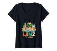 Mujer Regalo de Recuerdo de Viaje de Linz Austria Dibujado a Mano Camiseta Cuello V