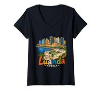 Mujer Regalo de Recuerdo de Viaje de Luanda Angola Dibujado a Mano Camiseta Cuello V