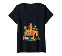 Mujer Regalo de Recuerdo de Viaje de Marrakech Marruecos Dibujado a Mano Camiseta Cuello V