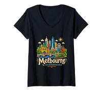 Mujer Regalo de Recuerdo de Viaje de Melbourne Australia Dibujado a Mano Camiseta Cuello V