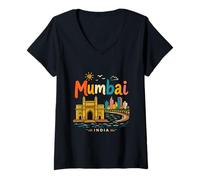 Mujer Regalo de Recuerdo de Viaje de Mumbai India Dibujado a Mano Camiseta Cuello V
