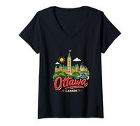 Mujer Regalo de Recuerdo de Viaje de Ottawa Canadá Dibujado a Mano Camiseta Cuello V