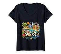 Mujer Regalo de Recuerdo de Viaje de Sal Rei Cabo Verde Dibujado a Mano Camiseta Cuello V