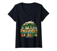 Mujer Regalo de Recuerdo de Viaje de Salzburgo Austria Dibujado a Mano Camiseta Cuello V