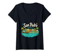 Mujer Regalo de Recuerdo de Viaje de San Pedro Belice Dibujado a Mano Camiseta Cuello V