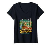 Mujer Regalo de Recuerdo de Viaje de Sarajevo Bosnia Dibujado a Mano Camiseta Cuello V