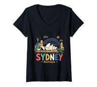 Mujer Regalo de Recuerdo de Viaje de Sydney Australia Dibujado a Mano Camiseta Cuello V