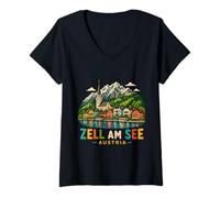 Mujer Regalo de Recuerdo de Viaje de Zell Am See Austria Dibujado a Mano Camiseta Cuello V