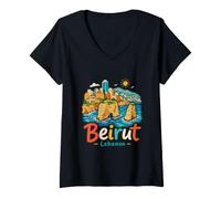 Mujer Regalo de Recuerdo de Viaje Dibujado a Mano Beirut Líbano Camiseta Cuello V