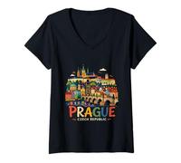 Mujer Regalo de Recuerdo de Viaje Dibujado a Mano Praga República Checa Camiseta Cuello V