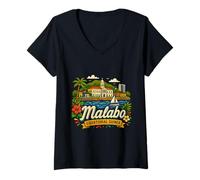 Mujer Regalo de Viaje de Malabo Guinea Ecuatorial Dibujado a Mano Camiseta Cuello V