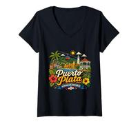 Mujer Regalo de Viaje Dibujado a Mano Puerto Plata República Dominicana Camiseta Cuello V