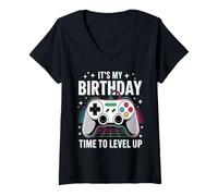 Mujer Regalo de videojuegos It's My Birthday Time To Level Up para niños y niñas Camiseta Cuello V