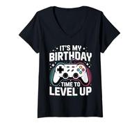 Mujer Regalo de videojuegos It's My Birthday Time To Level Up para niños y niñas Camiseta Cuello V