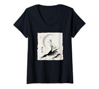 Mujer Regalo espiritual zen vintage japonés Kitsune Fox y Moon Camiseta Cuello V