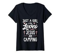 Mujer Regalo para mujer de Just A Girl Who Loves Jesus and Camping Camiseta Cuello V