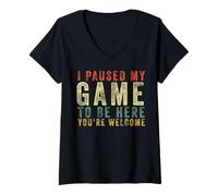 Mujer Regalo Retro para Jugadores con Texto I Paused My Game To Be Here You'Re Welcome Camiseta Cuello V