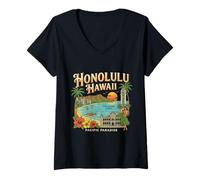 Mujer Regalo turístico Vintage de Viaje a Honolulú, Hawái, Ciudad Camiseta Cuello V