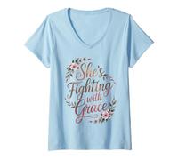 Mujer Regalos para el Cuidado del cáncer de Mama Fighting with Grace Camiseta Cuello V