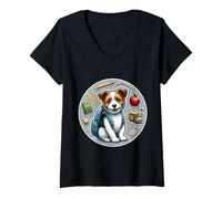 Mujer Regreso A La Escuela Russell Terrier Perro Niño Niña Dueño Estu Camiseta Cuello V