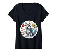 Mujer Regreso a la escuela Siberian Husky Dog Boys Girls Dueño Estudiante Camiseta Cuello V