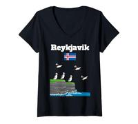 Mujer Reikiavik souvenir frailecillo colonia acantilados mar bandera de Islandia Camiseta Cuello V