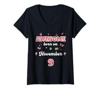 Mujer Reina Nacida en noviembre 9 Flores 9 noviembre Cumpleaños Camiseta Cuello V