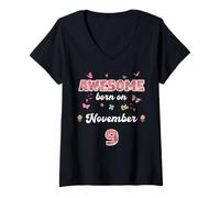Mujer Reina Nacida en noviembre 9 Flores 9 noviembre Cumpleaños Camiseta Cuello V
