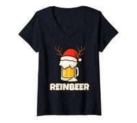 Mujer Reinbeer Santa Hat Funny Reindeer Couple Matching Christmas Camiseta Cuello V