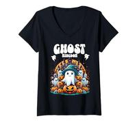 Mujer Reino Fantasma Lindo Castillo Calabazas Halloween Camiseta Cuello V