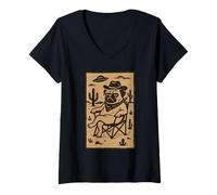 Mujer Relajado Pug Sentado en el Desierto Funny Western Dog Cowboy Camiseta Cuello V
