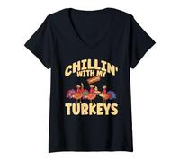 Mujer Relajándome con mis Pavos, Divertido Día de Acción de Gracias, Pilgrim Fall Camiseta Cuello V