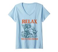 Mujer Relax Caos Es Acogedor Divertido Amante Mapache Humor Mordaza Introvertido Camiseta Cuello V