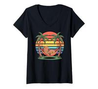 Mujer Relaxing Capybara, Sunset, Palm Tree, Summer capy Vacation Camiseta Cuello V