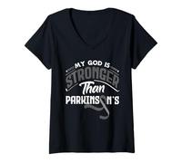 Mujer Religión Mi Dios es más Fuerte Que la Conciencia del Parkinson Camiseta Cuello V