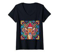 Mujer Reno Mandala Navidad Camiseta Cuello V
