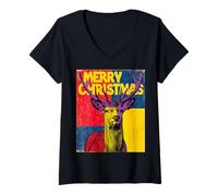 Mujer Reno Pop Art Merry Christmas Xmas - Figura Decorativa navideña Camiseta Cuello V