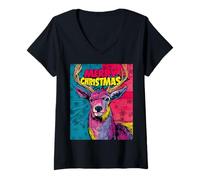 Mujer Reno Pop Art Merry Christmas Xmas - Figura Decorativa navideña Camiseta Cuello V
